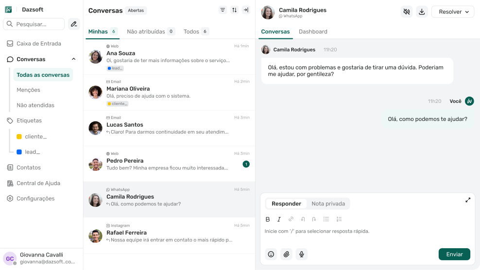 Interface Way hub — caixa de entrada multicanal